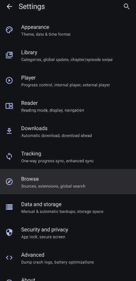 Aniyomi Settings Menu