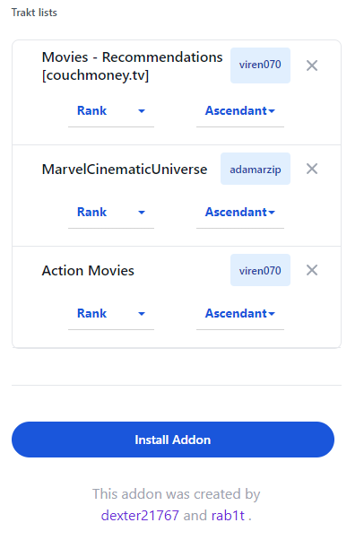 trakt addon final lists example