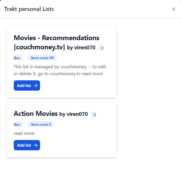 trakt addon browse personal lists